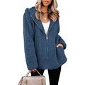 Bartira Fleece Jacket Women, Womens Solid Zipper Hooded Fluffy Cardigan Coat Long Sleeve Suits Outwear with Pocket Blue