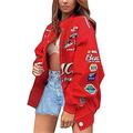 Women's Long Sleeve Baseball Jackets Letter Print Color Block Zip Up Oversized Retro Jacket Hip-hop Uniform Outerwear (Red, S)