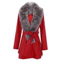 SHOBDW Women Faux Leather Detachable Collar Coat Elegant Slim Thick Plus Size Warm Jacket Fashion Outerwear Long Fake Jacket with Belt(Red,L)