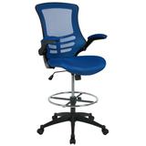 Flash Furniture Kelista Mid-Back Blue Mesh Ergonomic Drafting Chair with Adjustable Foot Ring and Flip-Up Arms