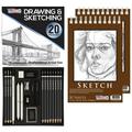 20 Piece Artist Sketch Set in Hard Storage Case - Sketch & Charcoal Pencils Bonus Pack of 2-5.5 x 8.5 Sketch Pads