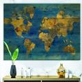 DESIGN ART Designart Golden Glam World Map Print on Natural Pine Wood - Blue 20 in. wide x 12 in. high