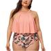 Bseka Women Sexy Print Push Up Plus Size High Waist Peplum Flounce Ruffled Split Halter 2 Piece Bathing Swimwear Beachwear Bikini Set Swimsuit