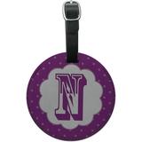 Letter N Initial Flower Purple Round Leather Luggage ID Tag Suitcase Carry-On