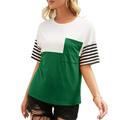 Elenxs Women T-shirt Striped Color Block Short Sleeve Round Neck Loose Top