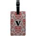 Letter V Initial Damask Elegant Red Black White Leather Luggage ID Tag Suitcase