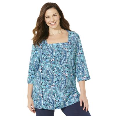 Plus Size Women's Ultra-Soft Square-Neck Tee by Catherines in Navy Watercolor Paisley (Size 1XWP)