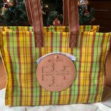 Tory Burch Bags | Authentic Tory Burch Leather/Mesh Logo Tote | Color: Cream/Yellow | Size: Height: 13.6" -Length: 18.3" -Depth: 8.4"