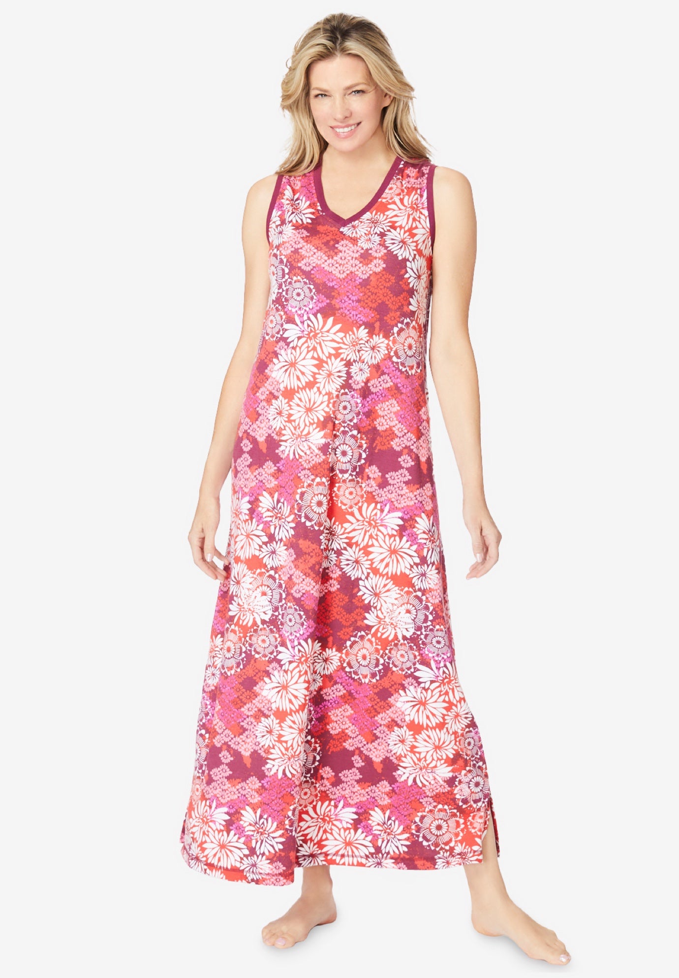 Plus Size Women's Trapeze V-Neck Lounger by Dreams & Co. in Pomegranate Floral (Size 3X)