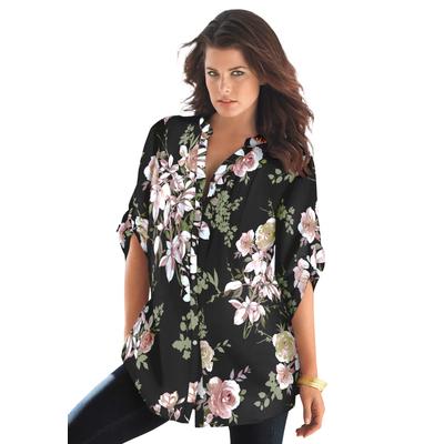 Plus Size Women's Plus Size Floral Y-Neck Pintuck Tunic - Adjustable Long Sleeve Button-Front, Relaxed Shirt Style by Roaman's in Black Romantic Rose