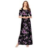 Plus Size Women's Ultrasmooth® Fabric Cold-Shoulder Maxi Dress by Roaman's in Purple Rose Floral (Size 30/32) Long Stretch Jersey