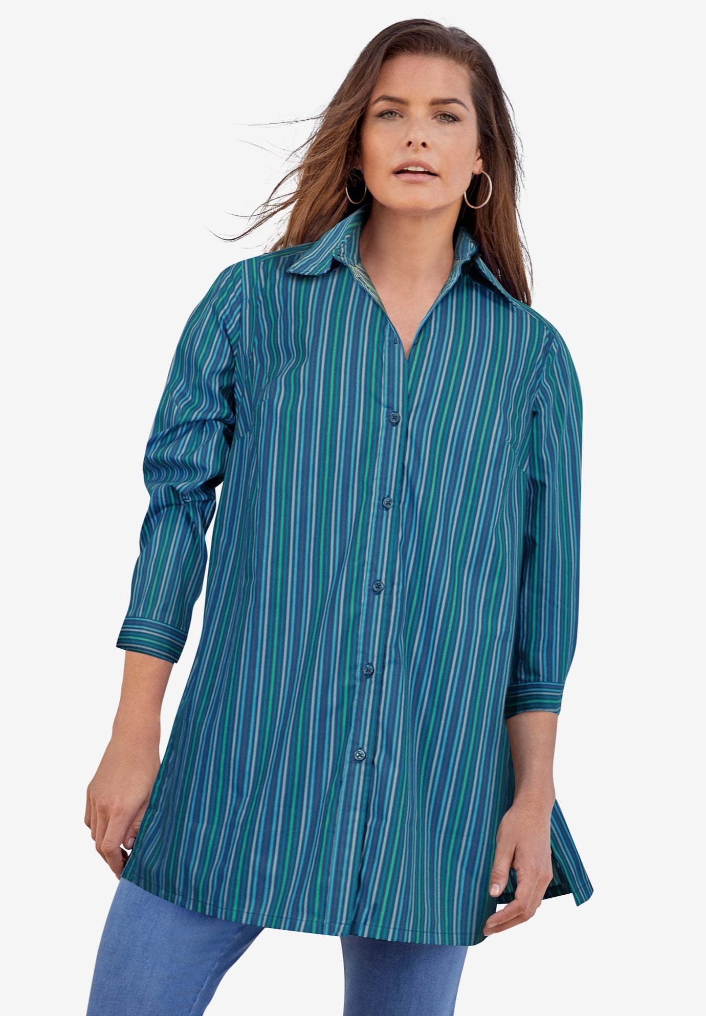 Plus Size Women's Plus Size Kate Long Sleeve Tunic Easy Cotton-Blend Button-Front Shirt by Roaman's in Deep Teal Multi Stripe (Size 26 W) Button Down