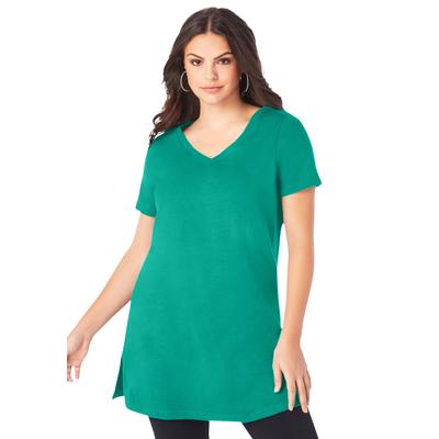 Plus Size Women's Short-Sleeve V-Neck Ultimate Tunic by Roaman's in Tropical Emerald (Size 3X) Long T-Shirt Tee