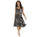 Plus Size Women's A-Line Crinkle Dress with Tassel Ties by Roaman's in Black Paisley Garden (Size 38/40)
