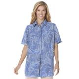 Plus Size Women's Three-Quarter Sleeve Peachskin Button Front Shirt by Woman Within in French Blue Paisley (Size 2X) Button Down Shirt