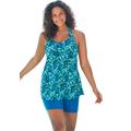 Plus Size Women's Longer Length Braided Tankini Top by Swim 365 in Blue Mixed Butterfly (Size 24)