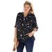 Plus Size Women's Three-Quarter Sleeve Tab-Front Tunic by Woman Within in Black Airy Floral (Size 5X)