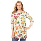Plus Size Women's Crochet-Trim Three-Quarter Sleeve Tunic by Woman Within in Ivory Yellow Watercolor Floral (Size 14/16)