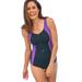 Plus Size Women's Zip-Front One-Piece with Tummy Control by Swim 365 in Mirtilla Azalea Black (Size 14) Swimsuit