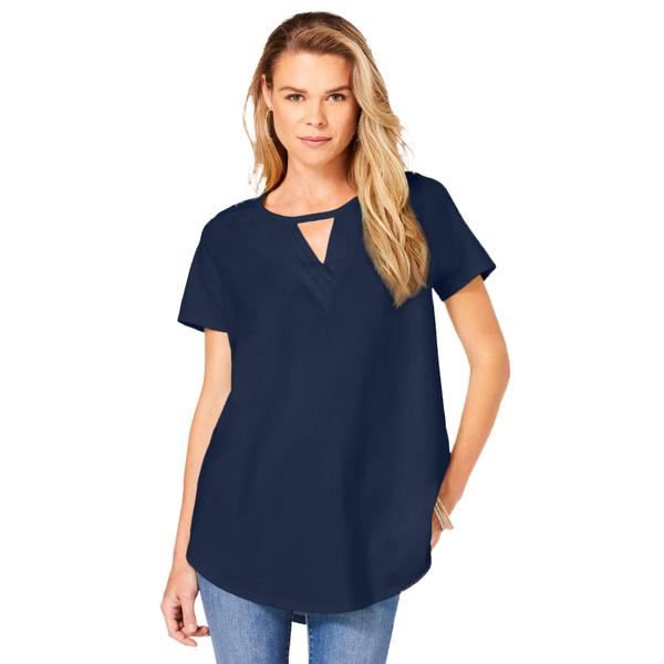plus-size-womens-keyhole-pleated-short-sleeve-ultimate-tee-by-roamans-in-navy--size-12-/