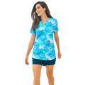 Plus Size Women's Split-Neck Short Sleeve Swim Tee with Built-In Bra by Swim 365 in Blue Multi Leaves (Size 26)