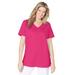 Plus Size Women's Short-Sleeve V-Neck Shirred Tee by Woman Within in Raspberry Sorbet (Size L)