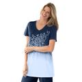 Plus Size Women's Short-Sleeve V-Neck Embroidered Dip Dye Tunic by Woman Within in Navy Ombre (Size 3X)