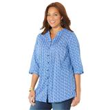 Plus Size Women's Pintuck Buttonfront Blouse by Catherines in French Blue Diamond Geo (Size 5X)