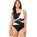 Plus Size Women's Mesh Colorblock Wrap One Piece Swimsuit by Swimsuits For All in Black White (Size 16)