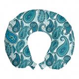 Paisley Travel Pillow Neck Rest, Ocean Inspired Design with Stripes and Flowers Abstract Background Image Print, Memory Foam Traveling Accessory Airplane and Car, 12", Blue and White, by Ambesonne