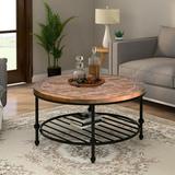 Rustic Natural Round Coffee Table with Storage Shelf for Living Room, Easy Assembly (Round)
