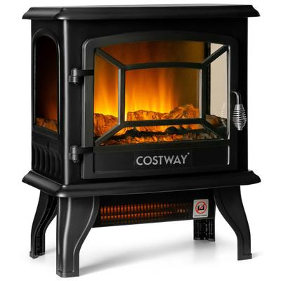 Costway Freestanding Fireplace Heater with Realistic Dancing Flame Effect-Black