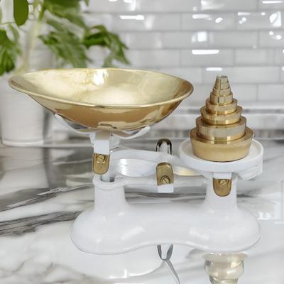 Antique Kitchen Decor Counter Weight Scale with Brass Bowl and Counter Weights For Decoration Purposes Renovators Supply