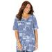 Plus Size Women's Easy Fit Short Sleeve V-Neck Tunic by Catherines in Navy Mosaic Patchwork (Size 5X)