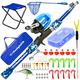 DaddyGoFish Kids Fishing Pole – Telescopic Rod & Reel Combo with Collapsible Chair, Rod Holder, Tackle Box, Bait Net and Carry Bag for Boys and Girls - Blue, 4ft