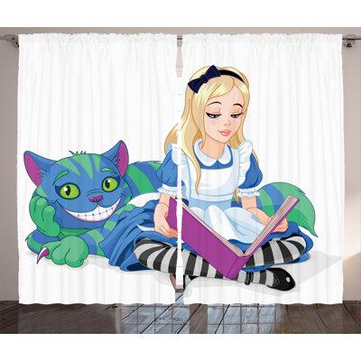 East Urban Home Abidah Alice Reading Book Cat 2 Piece Room Darkening Curtain Panel Set Polyester, Size 63.0 H in | Wayfair