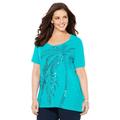 Plus Size Women's Slub Knit Sparkling Sequin Tee by Catherines in Waterfall Palm Tree (Size 6X)