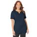 Plus Size Women's Easy Fit Embroidered Notch-Neck Tee by Catherines in Navy (Size 3X)