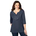 Plus Size Women's Crochet Placket Tee by Catherines in Navy (Size 4X)