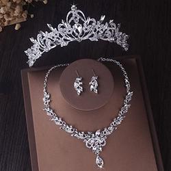 fangzhuo Diamond Tiara Luxury Silver Color Crystal Heart Wedding Jewelry Sets For Bride Crown Tiara Necklace Earrings Set For Women African Jewelry Set