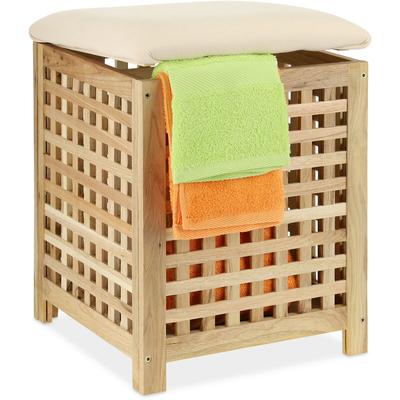 Wäschekorb mit Sitz, Walnussholz, Stoff, HxBxT: 50 x 39 x 39 cm, 45 l Wäschebox, Badhocker mit Image