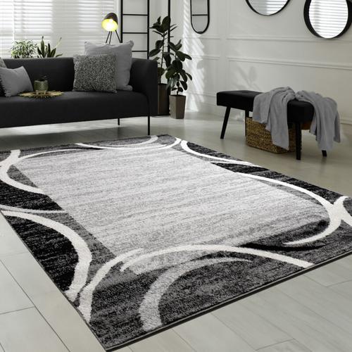 Wohnzimmer Teppich Designer Bordüre Meliert Grau Schwarz Creme Preishammer 80x150 cm - Paco Home