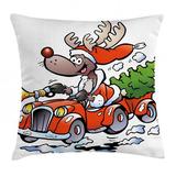 East Urban Home Ambesonne Christmas Throw Pillow Cushion Cover, Reindeer Racing In Red Vintage Car w/ Xmas Tree Horn Santa Hat Winter | Wayfair