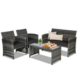 Costway 4 Pieces Patio Rattan Furniture Set with Glass Table and Loveseat-Black