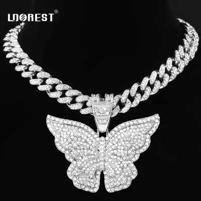 Iced Out Bling Big Butterfly Pendant Choker for Women and Men Chunky Metal Jewelry Miami Cuban