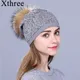 Xthree-Chapeau d'Hiver en Laine avec Strass pour Femme et Fille Bonnet Chaud en Vraie Fourrure avec