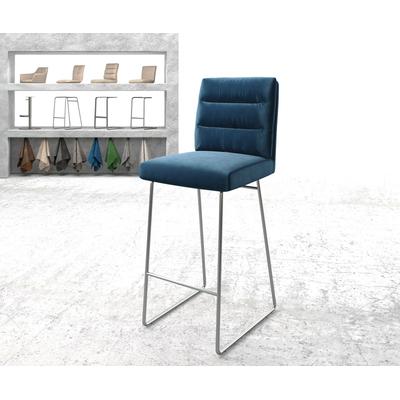 DELIFE Barstuhl Pela-Flex Samt Blau Kufengestell Edelstahl, Barstühle Image