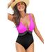 Plus Size Women's Colorblock V-Neck One Piece Swimsuit by Swimsuits For All in Very Fuchsia (Size 8)