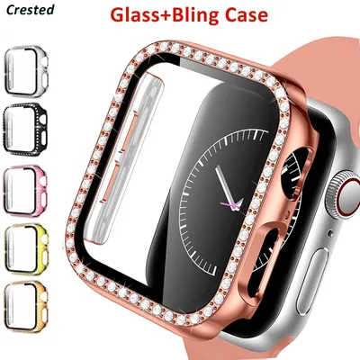 Verre et couvercle pour Apple Watch Case Protecteur d'écran en diamant Accessoires iWatch Series