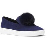 Michael Kors Shoes | Hp Michael Kors Eddy Kid Suede Slip Ons With Rabbit Fur Pom Pom | Color: Blue | Size: 8.5